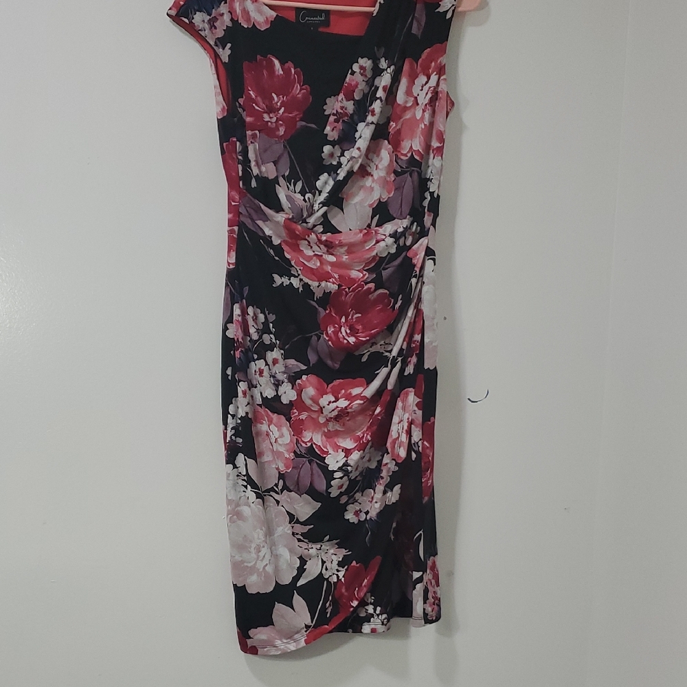 Connected Apparel Floral Asymmetrical Dress - Black and Pink